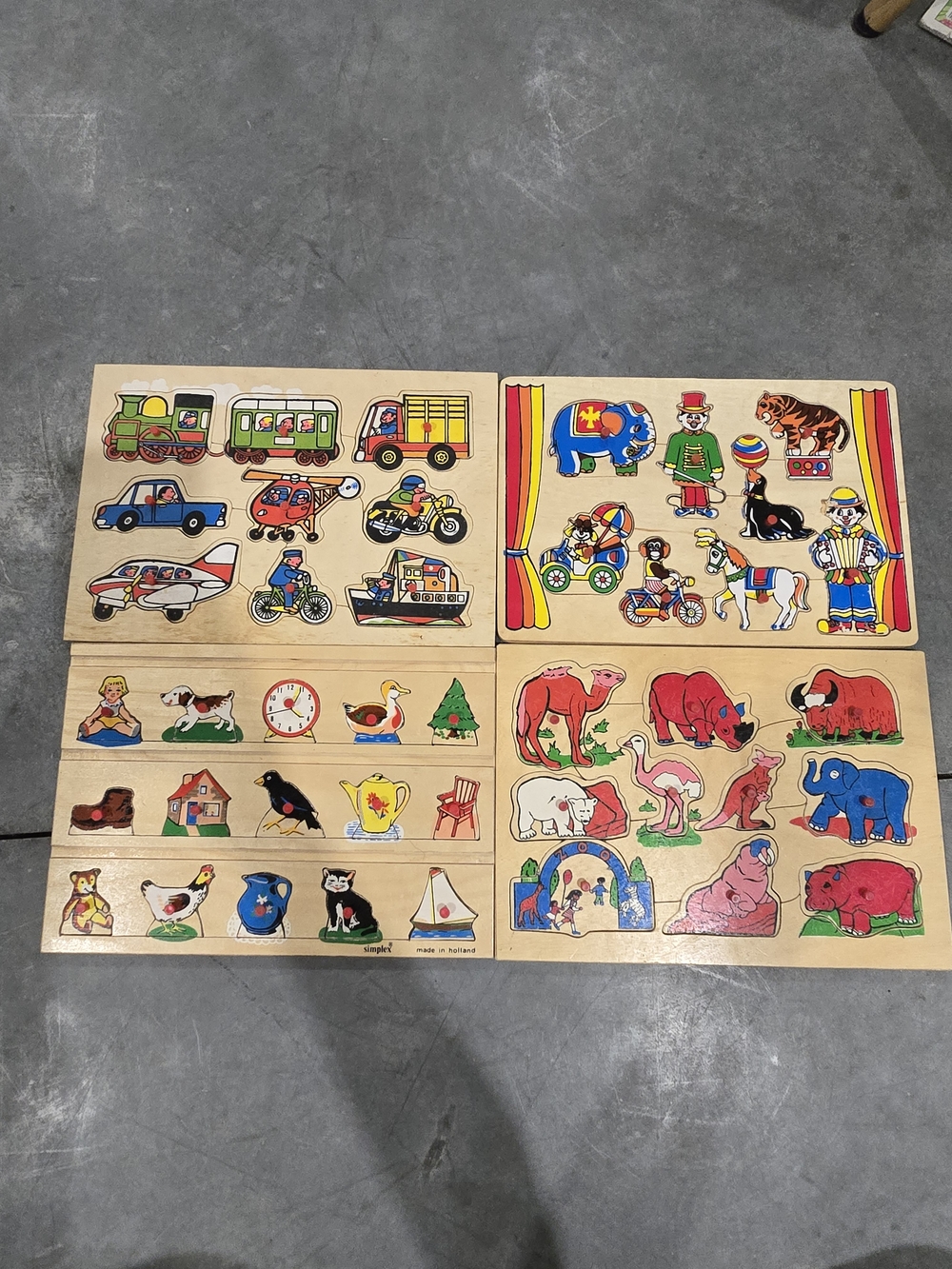 4 Vintage Wooden Kids Puzzle Set - Colorful Animal & Vehicle Pieces
